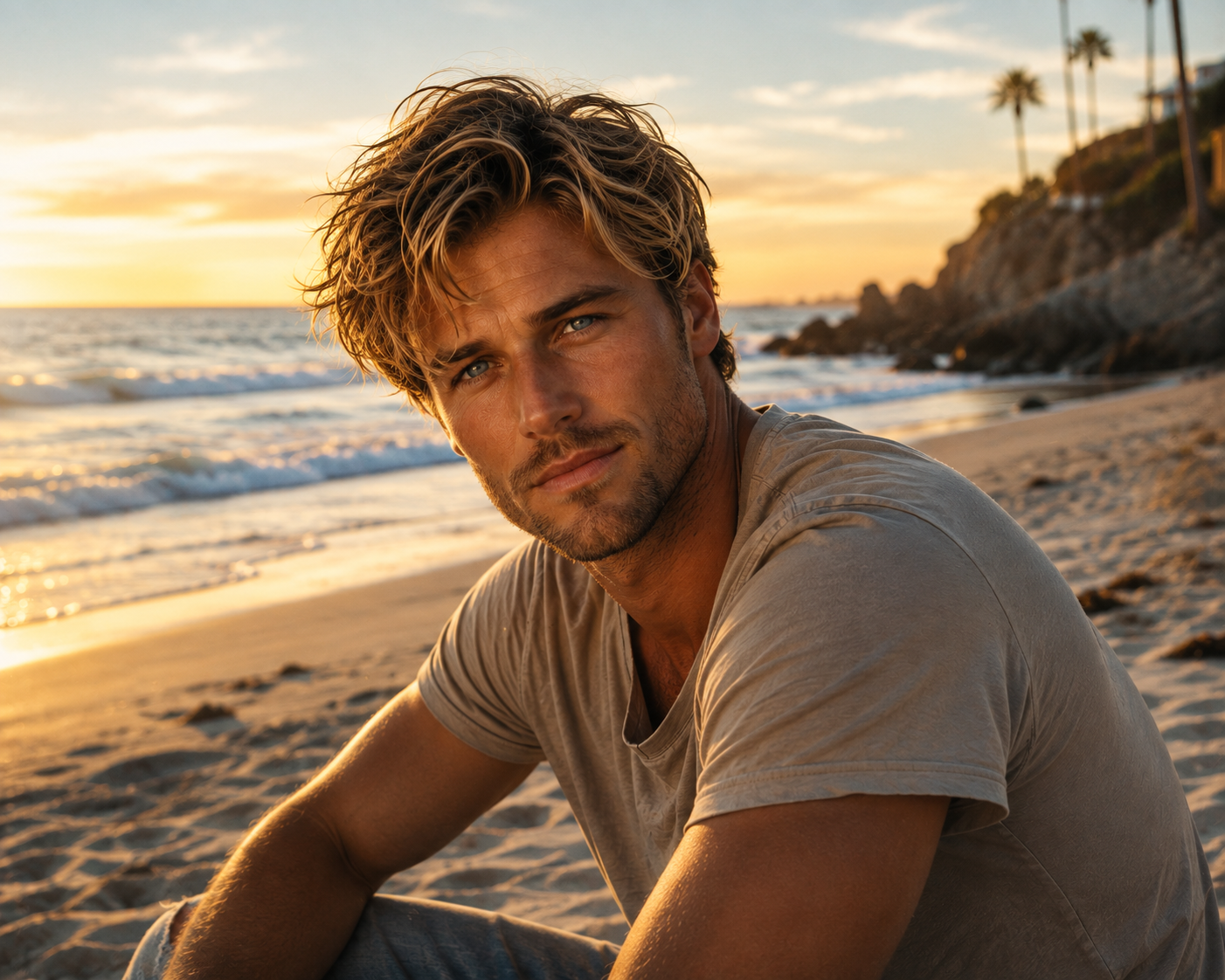 Heartfelt Country artist on the beach at sunset
